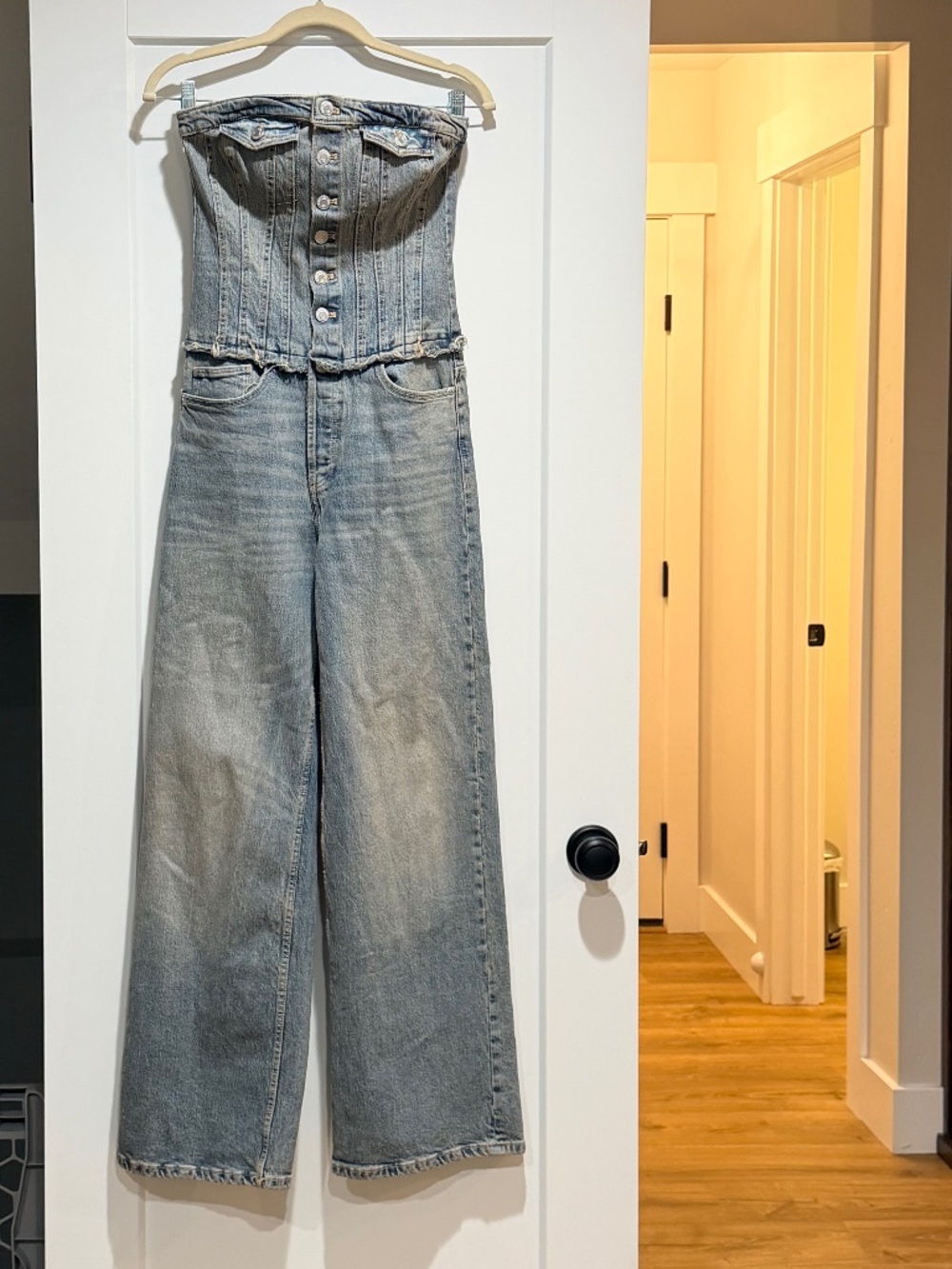 ZARA Strapless Jean Denim Jumpsuit Women's Size S Small
